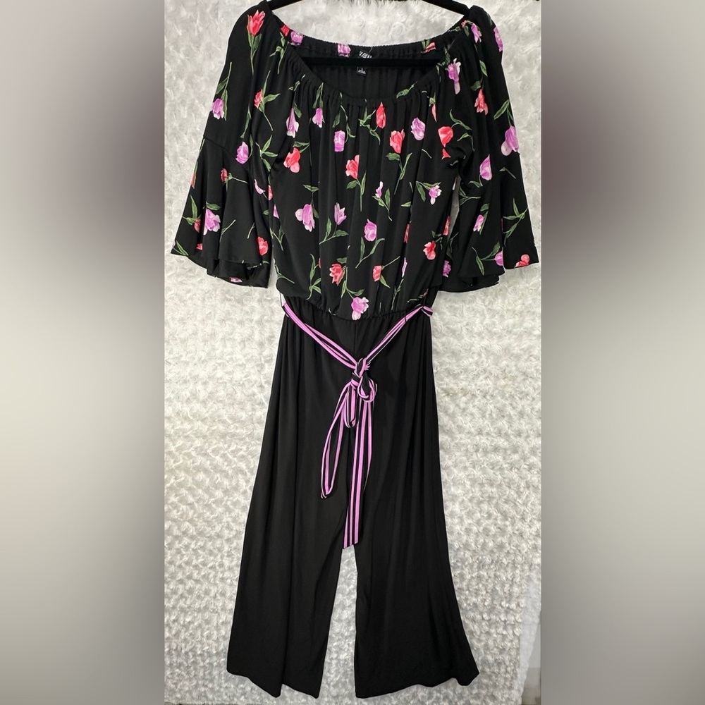 Roz & Ali Womens L Black & Floral Print Off the Shoulder Wide Leg Jumpsuit‎